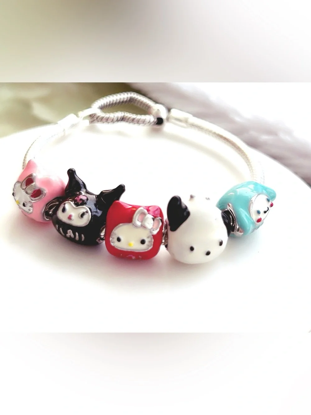 Sterling Silver Heart Closure Snake Chain Bracelet & Silver Sanrio Charms w/bag